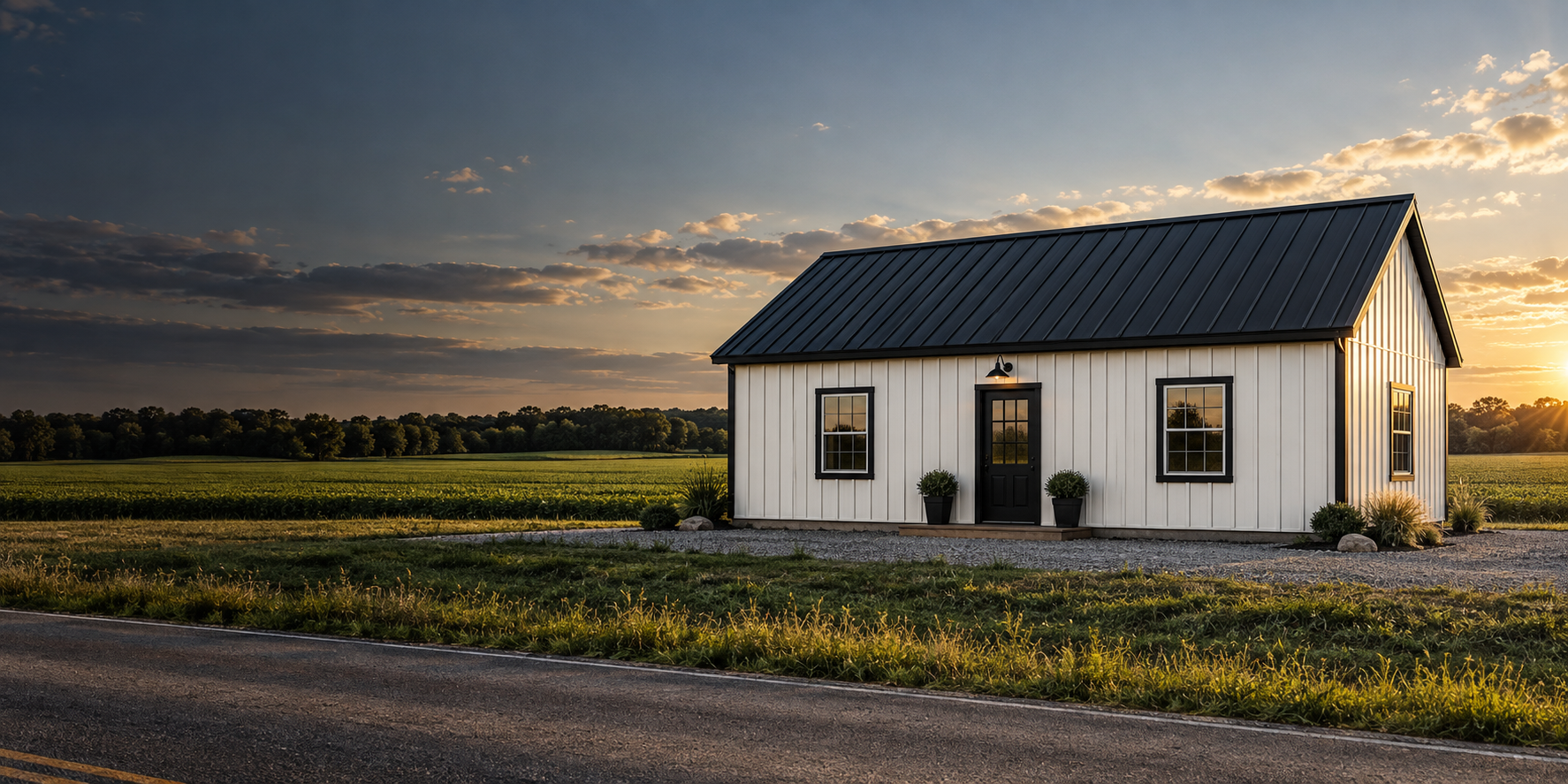 Modern white cabin shell with a black metal roof in a rural field